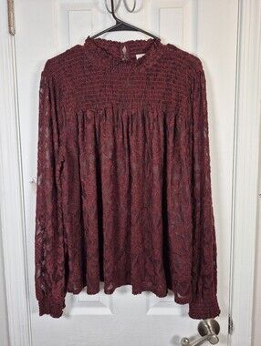 Cupio Burgundy Lace Smocked Mock Neck Blouse Boho Cottagecore Romantic XL
